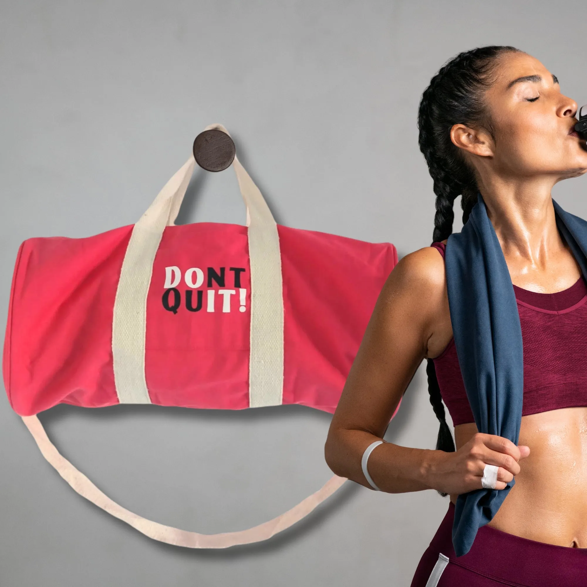 "Don't Quit" Gym Bag – Eco Cotton Canvas Duffel in Cherry Pink for Motivation & Everyday Movement