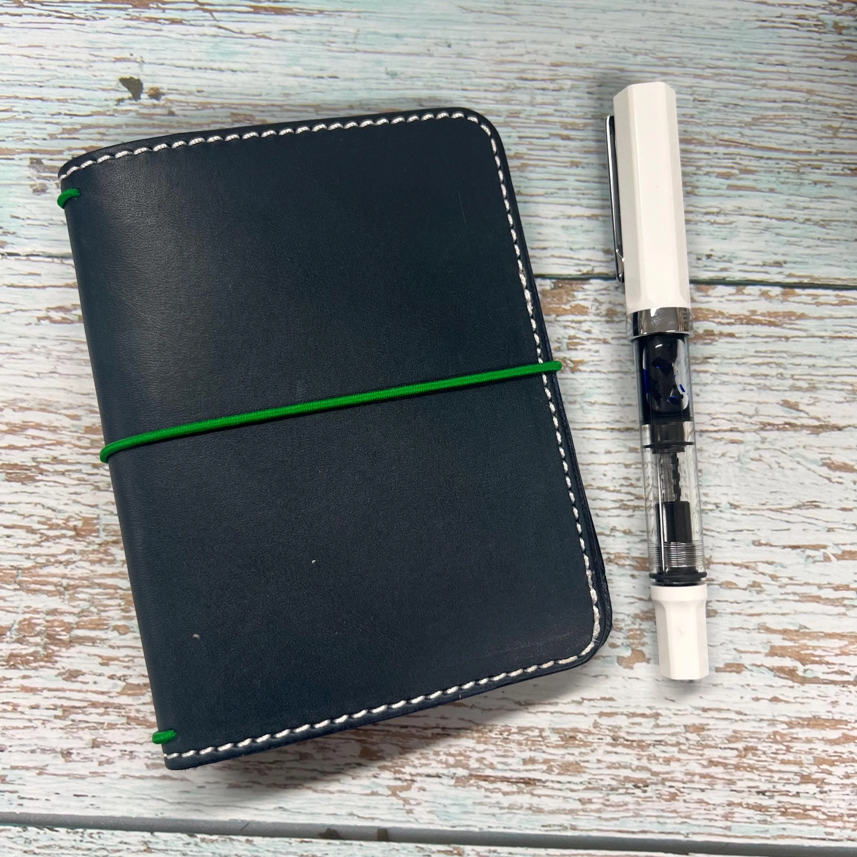 Ready-to-ship, PASSPORT Cover, Traveler's Notebook Navy Blue Deluxe w Two Internal Pockets, Full-Grain Leather, 5-3/8"x8.5" (open flat)