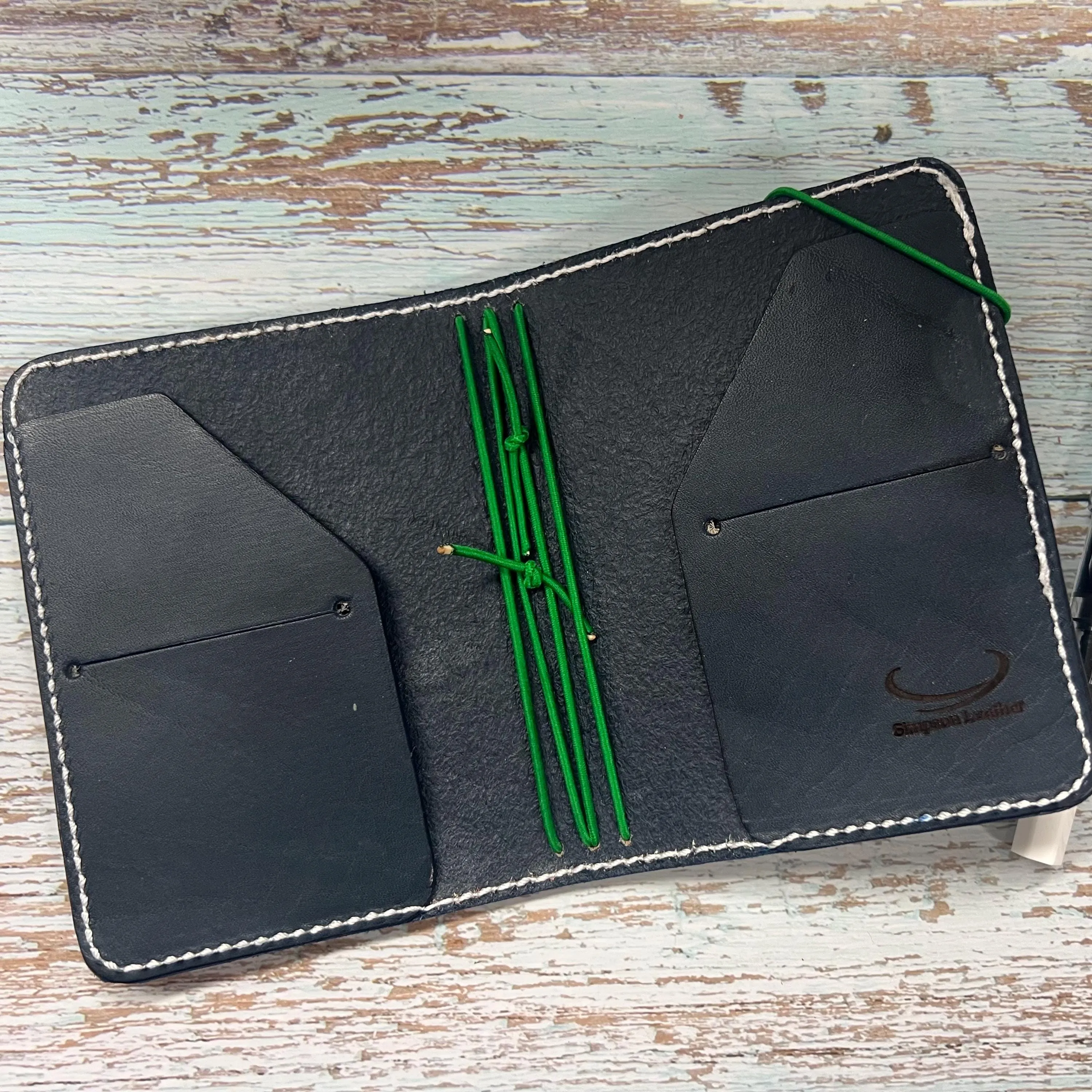 Ready-to-ship, PASSPORT Cover, Traveler's Notebook Navy Blue Deluxe w Two Internal Pockets, Full-Grain Leather, 5-3/8"x8.5" (open flat)