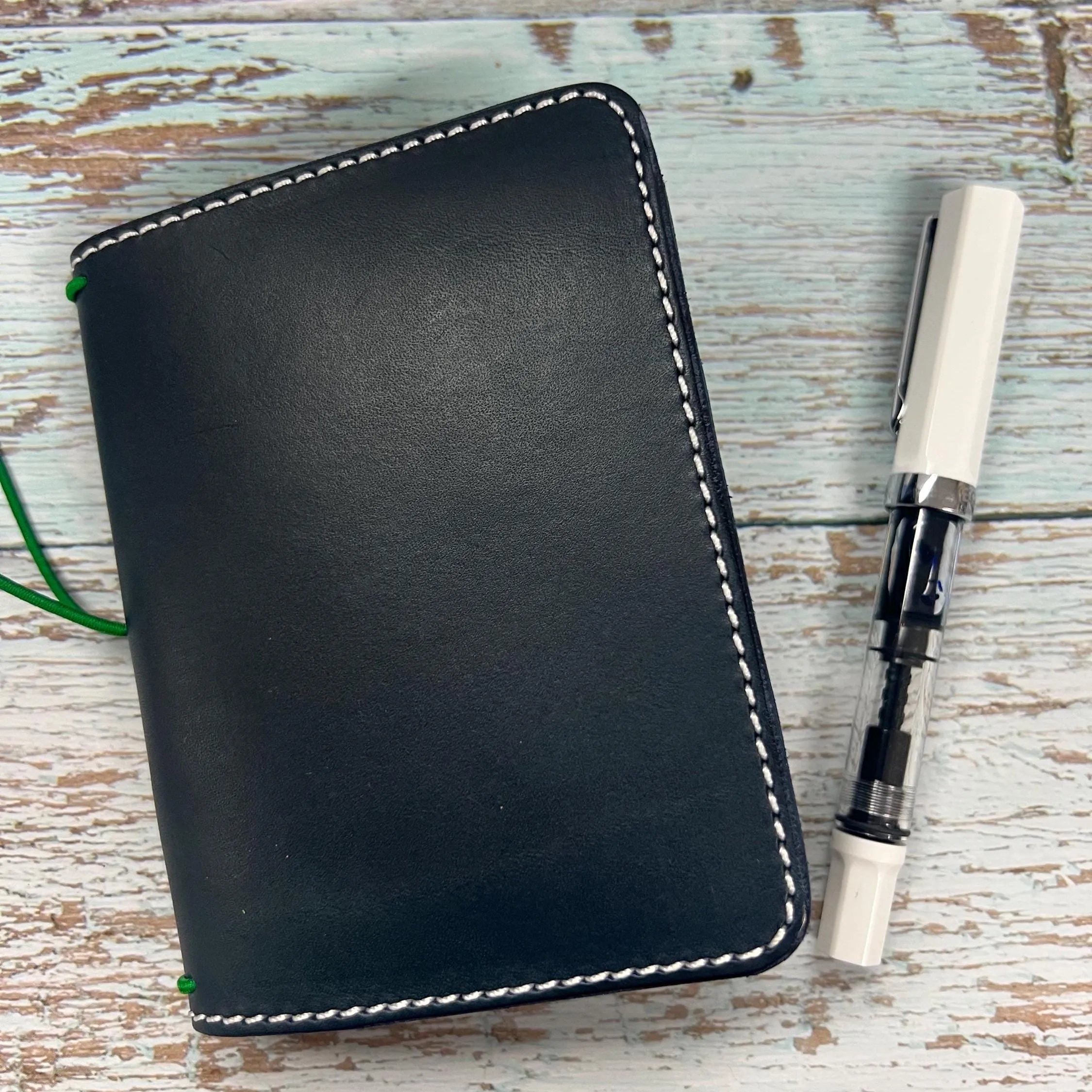 Ready-to-ship, PASSPORT Cover, Traveler's Notebook Navy Blue Deluxe w Two Internal Pockets, Full-Grain Leather, 5-3/8"x8.5" (open flat)