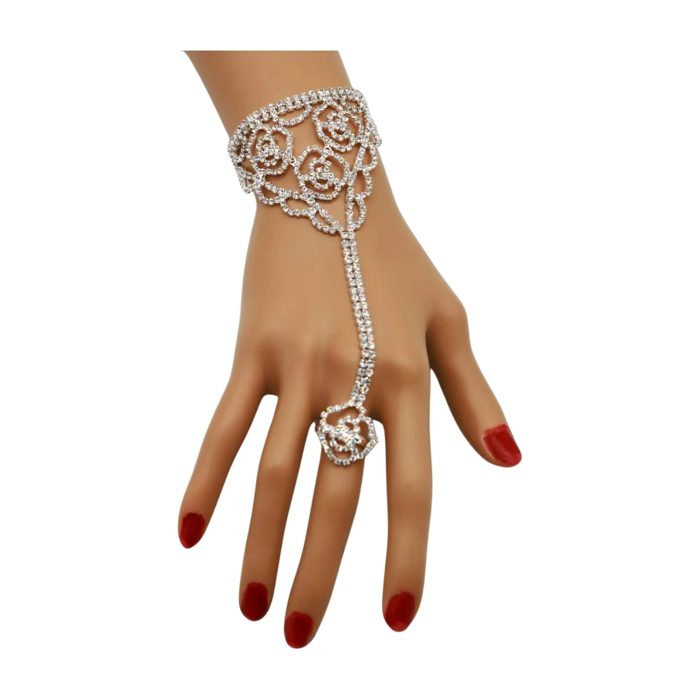 Silver Metal Hand Chain Bracelet Connected Slave Ring Rose Flower