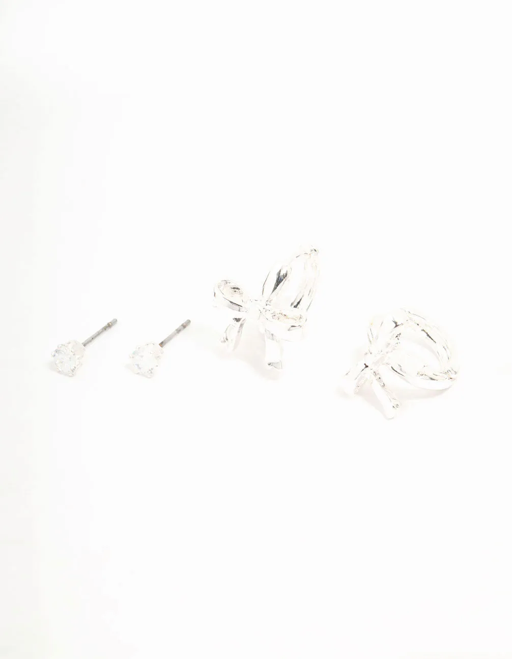 Silver Plated  Bow Huggie & Cubic Zirconia Stud Earrings 3-Pack