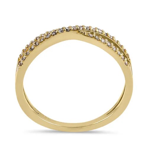 Solid 14K Yellow Gold Thin Trendy X Crossover Diamond Ring