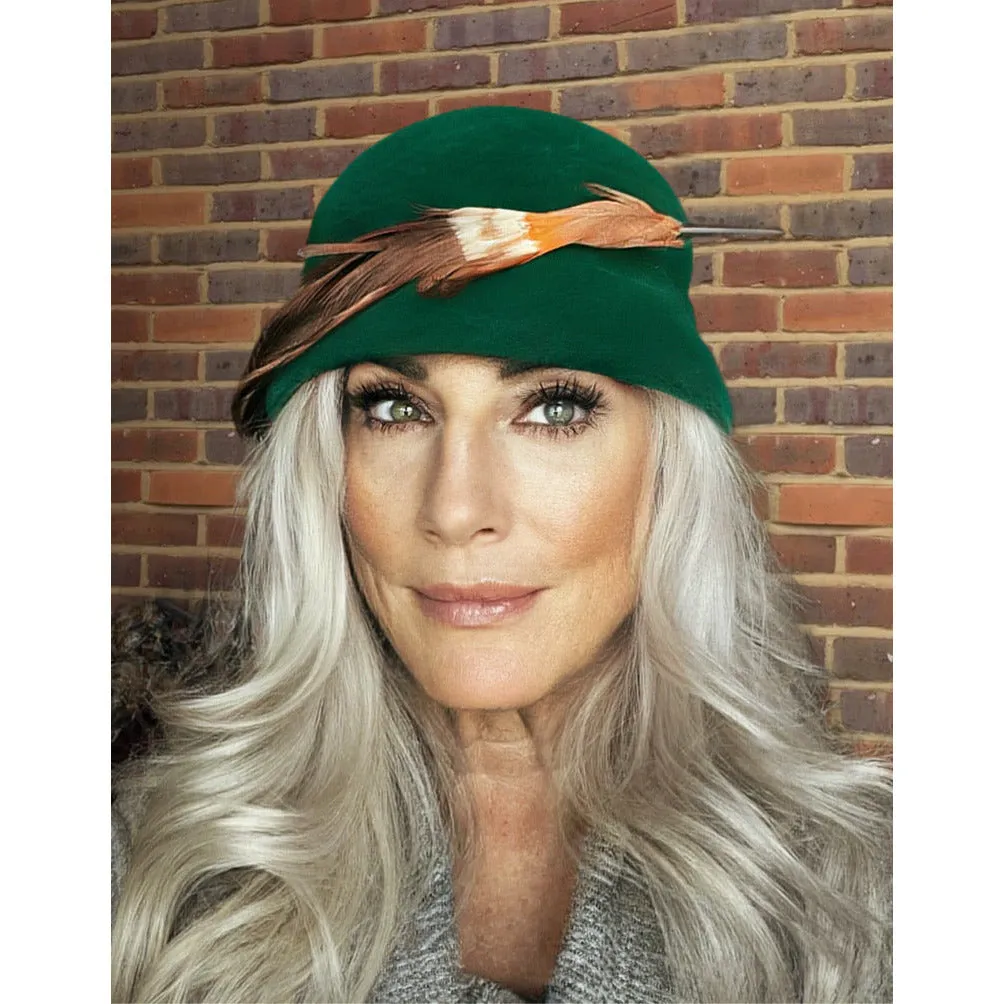 Vintage Lazarus  Bucket Hat 50s Emerald Green Velour Sweeping Feather Church O/S