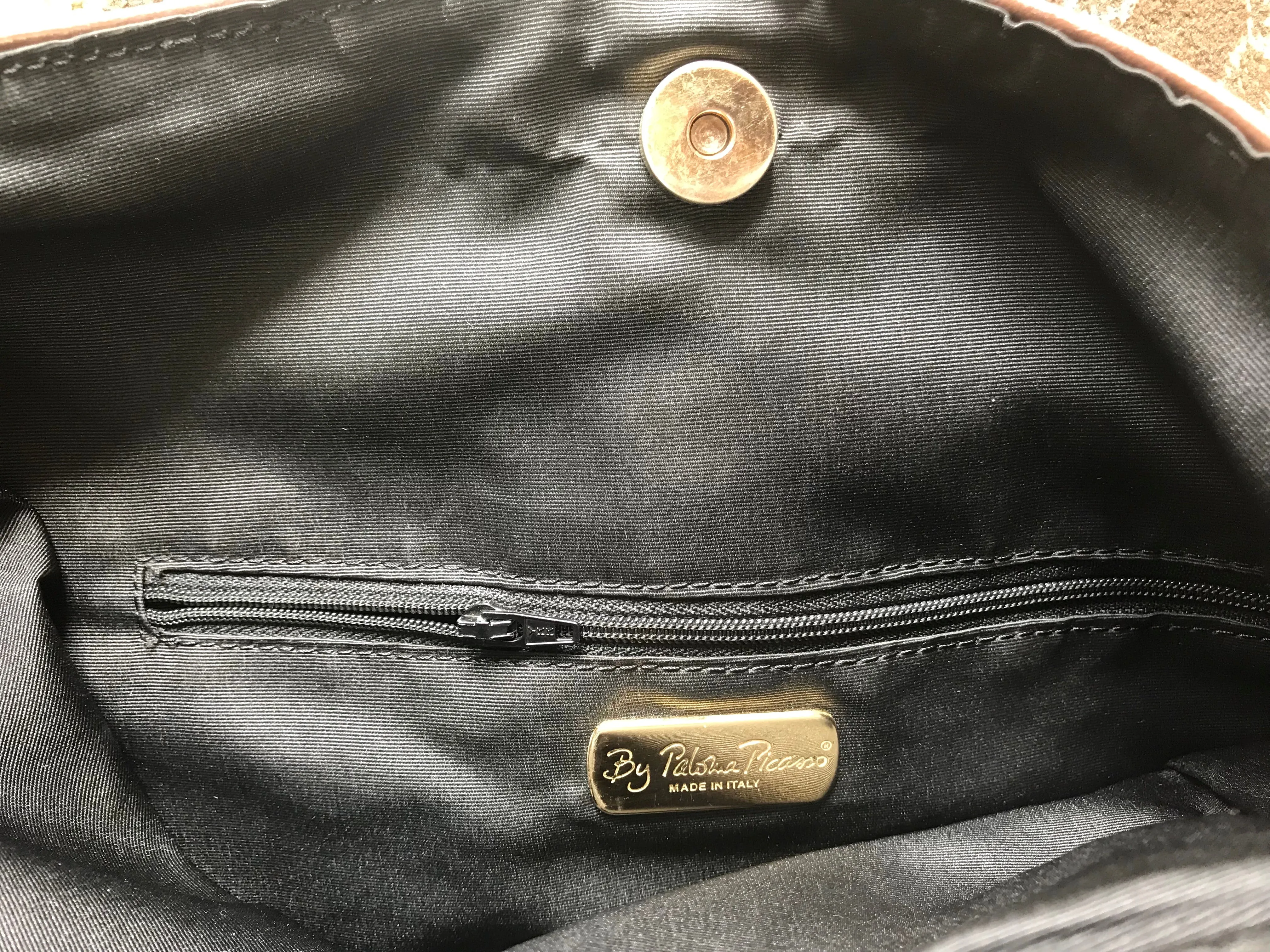 Vintage Paloma Picasso brown satin logo jacquard hobo shoulder bag with leather trimmings and golden logo charm. Classic bag for daily use.