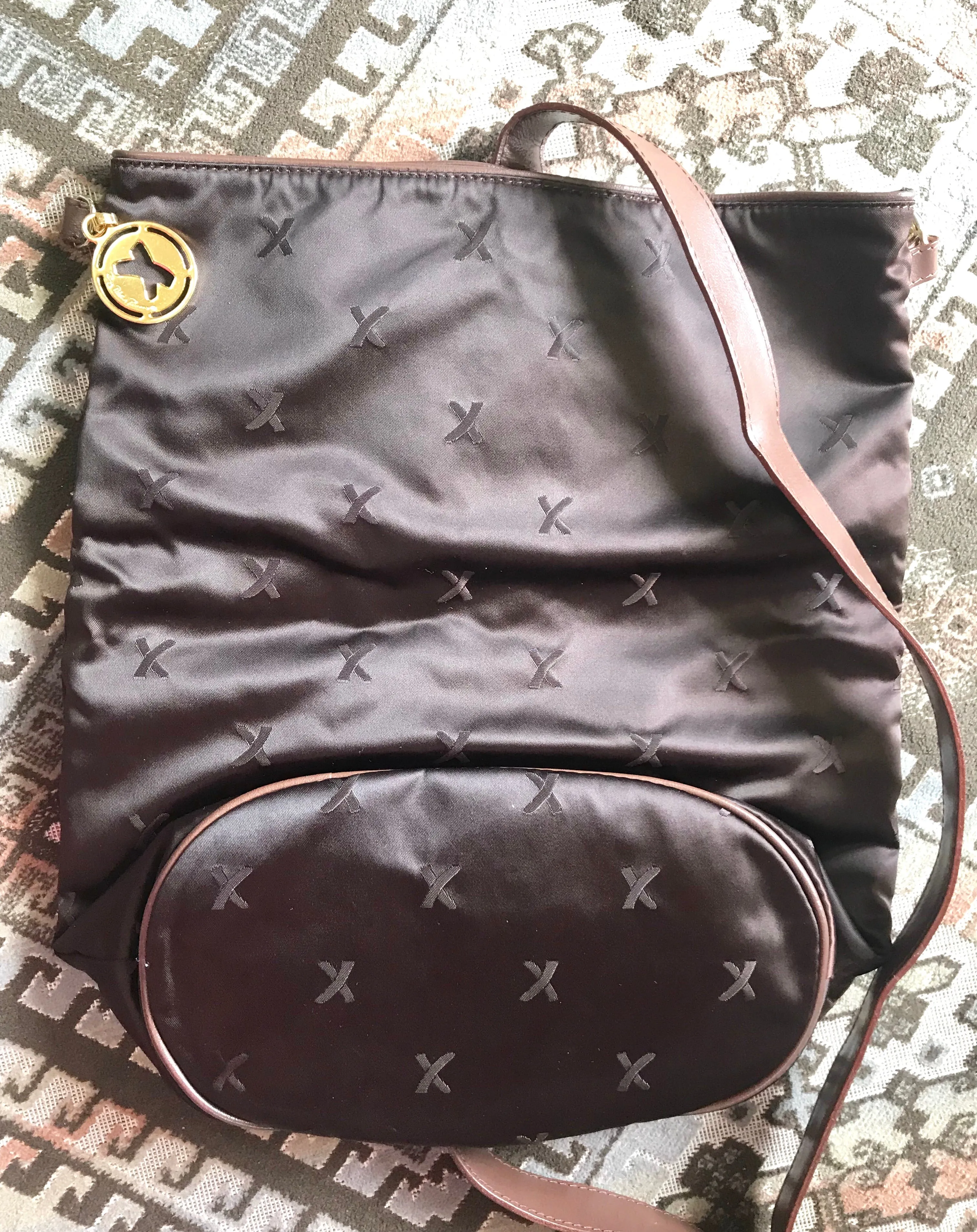 Vintage Paloma Picasso brown satin logo jacquard hobo shoulder bag with leather trimmings and golden logo charm. Classic bag for daily use.