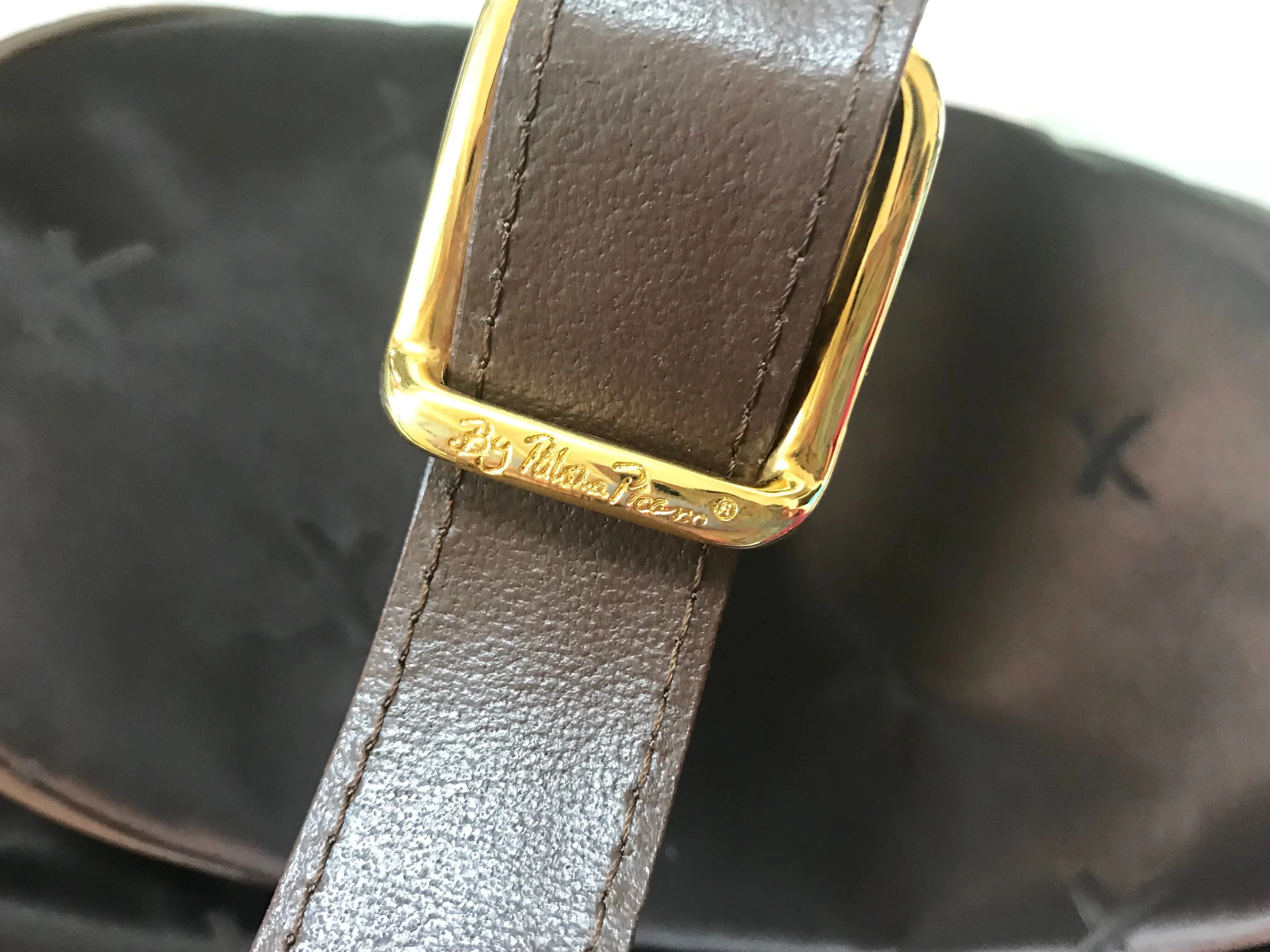 Vintage Paloma Picasso brown satin logo jacquard hobo shoulder bag with leather trimmings and golden logo charm. Classic bag for daily use.