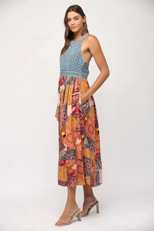 Washed denim quilted skirt maxi dress